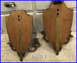 Pair Antique Brass Wall Sconce Candle Holders Distressed Beveled Mirrors Spain