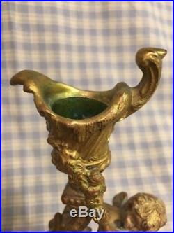 Pair Antique Bronze /Brass ROCOCO Art Nouveau Style 7-1/2 Candlesticks Cherub