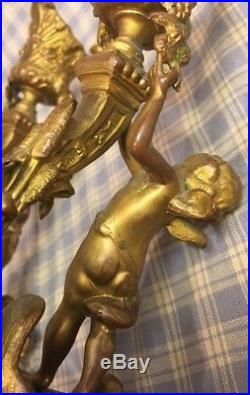 Pair Antique Bronze /Brass ROCOCO Art Nouveau Style 7-1/2 Candlesticks Cherub