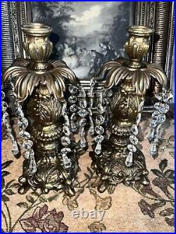 Pair Antique Candle Holder Style Ornate Gold Brass