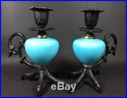 Pair Antique Cast Iron Eagle Claw Talon Candlestick Holders Blue Glass center