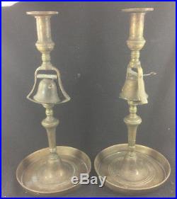 Pair Antique English Brass Tavern Candlesticks with Signal Bells 19th Century