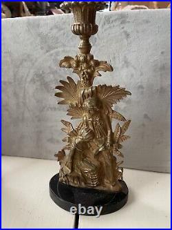 Pair Antique FRENCH 19th C Bronze Brass Figural Candle Stick Holders