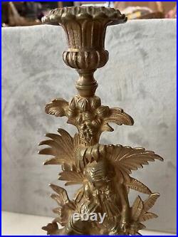 Pair Antique FRENCH 19th C Bronze Brass Figural Candle Stick Holders