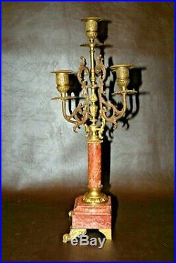 Pair Antique French 18 Tall Red Marble with Ormolu & Brass 5-Branch Candlesticks