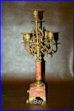 Pair Antique French 18 Tall Red Marble with Ormolu & Brass 5-Branch Candlesticks