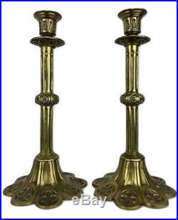 Pair Antique French Brass Ormolu Gothic Notre Dame-style Candlesticks Candelabra