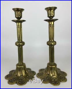 Pair Antique French Brass Ormolu Gothic Notre Dame-style Candlesticks Candelabra