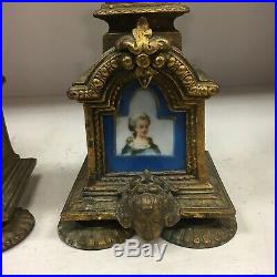 Pair Antique French Brass & Sevres Porcelain Candle Holders Blue Gold Portrait