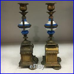 Pair Antique French Brass & Sevres Porcelain Candle Holders Blue Gold Portrait