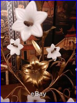 Pair Antique French Gilt Brass Church Altar Candelabras Milk Glass Floral 25t