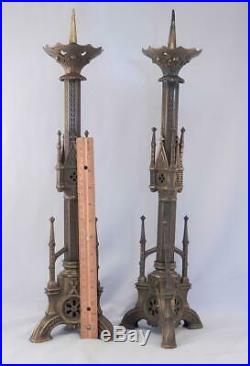 Pair Antique GOTHIC REVIVAL Brass CandlesticksHoldersChurch AltarMantleVGC