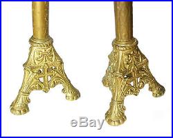 Pair Antique Gothic Heavy Brass Church Candlesticks Candle Holders gilt