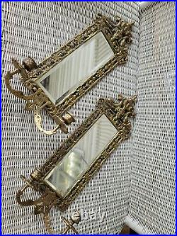 Pair Antique Mirror & Brass Candle Holder Wall Scones Gilt Dolphins 20 X 10