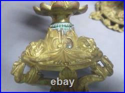Pair Antique Ormolu Brass & Porcelain Candlesticks Oriental Garden Design