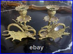 Pair Antique Solid Brass Winged Dragon Griffin/Gryphon Candlestick/Candle Holder