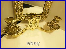 Pair Antique Victorian Ornate Solid Brass Mirror Wall Sconces Candle Holders