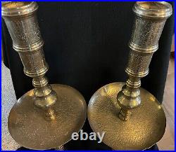 Pair Antique Vintage Ornate Etched Brass Moroccan Style Altar Candlesticks-38.5