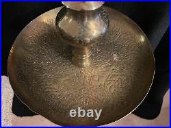 Pair Antique Vintage Ornate Etched Brass Moroccan Style Altar Candlesticks-38.5