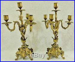 Pair Antique/Vtg 14.5 Solid Brass Ornate 4 Arm Candelabra Candle Stick Holders