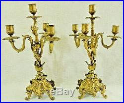 Pair Antique/Vtg 14.5 Solid Brass Ornate 4 Arm Candelabra Candle Stick Holders