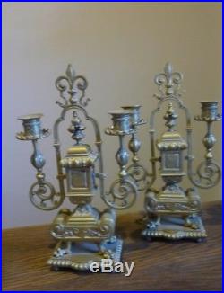Pair Antique heavy Ornate Brass 2 Arm Candelabra Candlestick