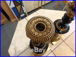 Pair Brass & Black Porcelain Candlestick Holders Stamped Rich Patina