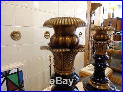 Pair Brass & Black Porcelain Candlestick Holders Stamped Rich Patina