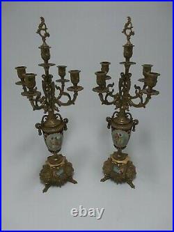 Pair Brass & Porcelain Candelabras Candle Holder 5 Arm Italian Brevettato Style