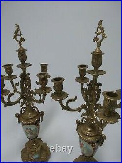 Pair Brass & Porcelain Candelabras Candle Holder 5 Arm Italian Brevettato Style