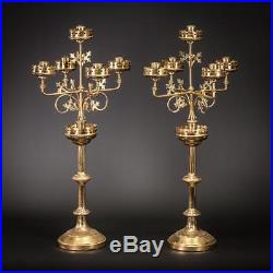 Pair Candelabra Gilt Bronze Two Candle Holder Gilded Brass Antique 5 Lights