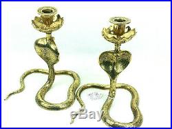 Pair Candlestick Candle Holder Antique Vintage Brass Bronze Hand Crafted Cobra