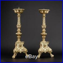 Pair Candlestick Two Baroque Candle Holders Antique Gilded Bronze Brass 17