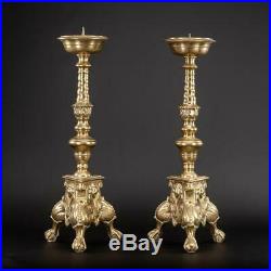 Pair Candlestick Two Baroque Candle Holders Antique Gilded Bronze Brass 17