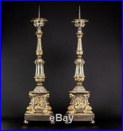 Pair Candlesticks Antique 2 French Brass Candle Holders 1700s Church 30