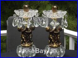 Pair Candlesticks Candle Holders Brass Figurines Prism Glass Teardrops