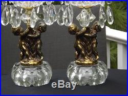 Pair Candlesticks Candle Holders Brass Figurines Prism Glass Teardrops