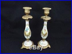 Pair Dresden style painted porcelain candleholders 9in man woman brass fittings