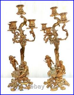 Pair French 19thC Louis XV Bronze Brass Ormolu Cherubs 4-Arm Footed Candelabras