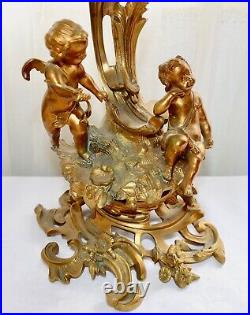 Pair French 19thC Louis XV Bronze Brass Ormolu Cherubs 4-Arm Footed Candelabras