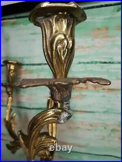 Pair French Rococo Style Solid Brass Candle Wall Sconces Hollywood Regency Gold