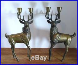 Pair Heavy Brass Deer Buck Reindeer Statue Candle Holders 12 Patina