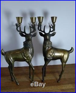 Pair Heavy Brass Deer Buck Reindeer Statue Candle Holders 12 Patina