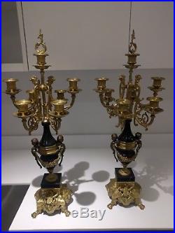 Pair Italian Louis XIV Brevettato Brass & Black Marble Candelabra candle holders