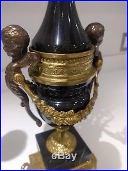 Pair Italian Louis XIV Brevettato Brass & Black Marble Candelabra candle holders