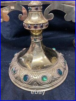 Pair Jeweled Brass Candelabra Vintage Fraefel Swiss Large