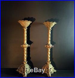 Pair Large Antique Brass Church Alter Candlesticks / Candle Holders Ecclesiastic