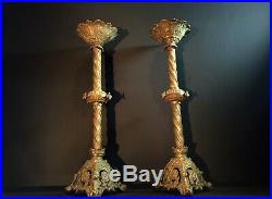 Pair Large Antique Brass Church Alter Candlesticks / Candle Holders Ecclesiastic