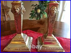 Pair Lion Crest Head Face Candlestick Pair Brass Candle Holders