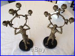 Pair, Maitland Smith Cast Brass MONKEY Motif Candle Holders with marble bases, WOW